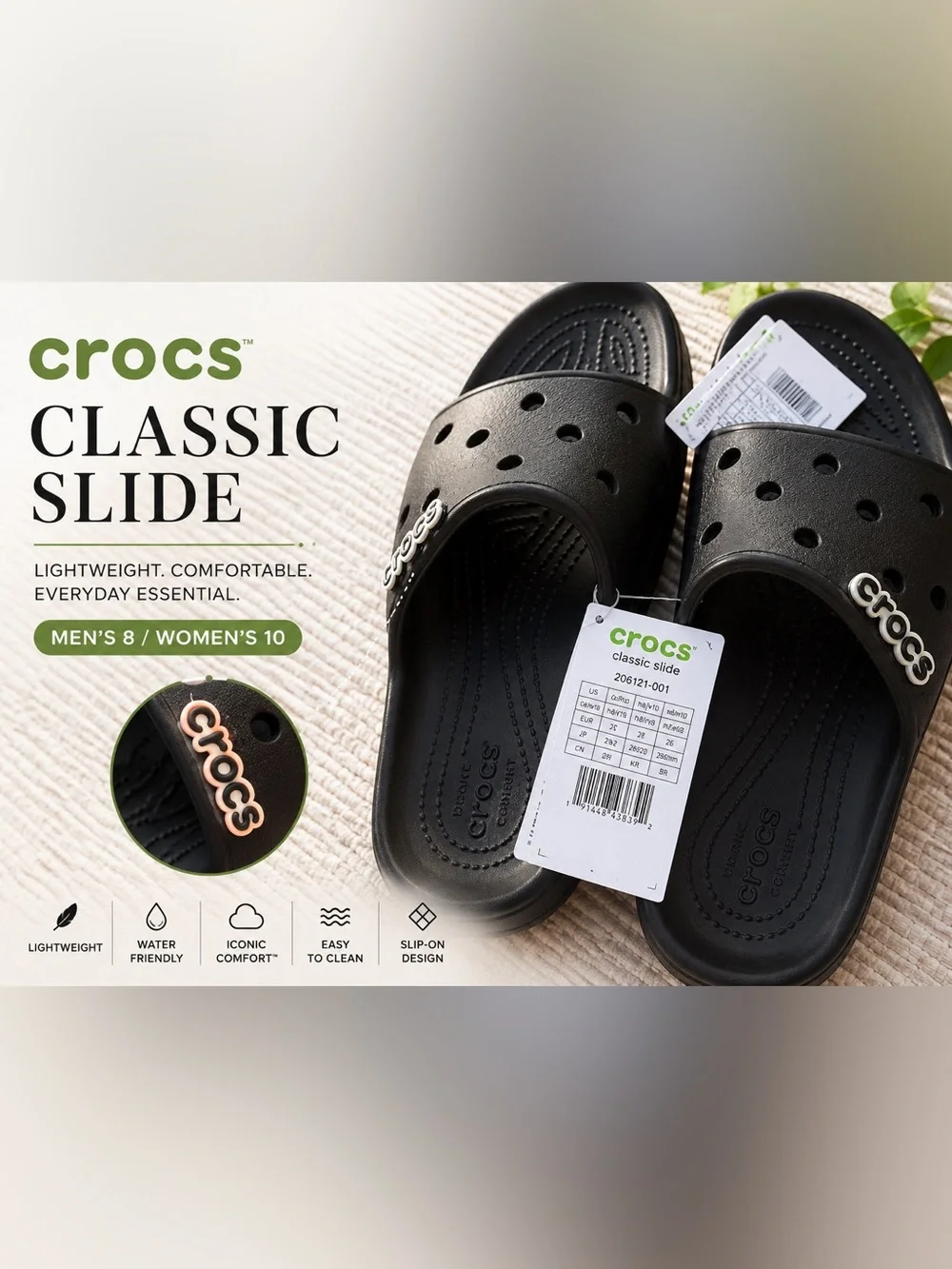 Crocs Classic Slide Black Unisex Sandals M8/W10 NWT Comfort Recovery